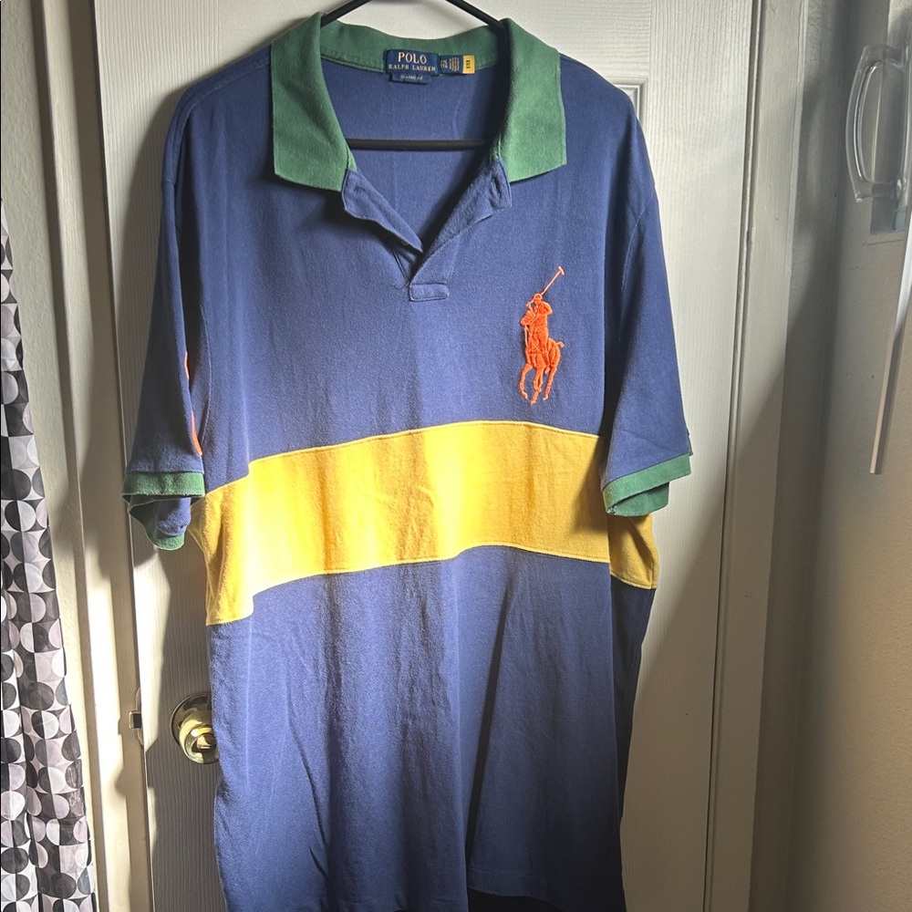 Polo by Ralph Lauren Men's Blue, Yellow, and Green Polo Shirt